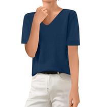 Suéter de caxemira feminino de manga curta, decote em V, roxo, tamanho P