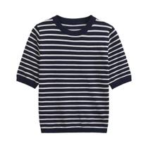 Suéter De Malha Feminino Listrado Com Decote Redondo E Manga Curta, Top Estiloso E Básico