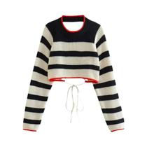 Suéter De Malha Listrado Feminino Cropped De Manga Longa Pulôver Costas Descobertas Top De Outono