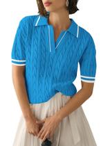 Suéter de manga curta Micoson Lapel com decote em V para mulheres azul branco