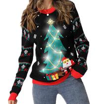 Suéter de Natal Acekid feminino masculino preto com luzes LED