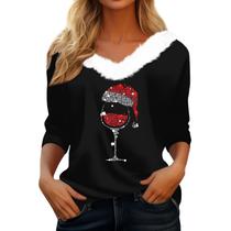 Suéter de Natal COTECRAM feminino plus size com decote em V preto