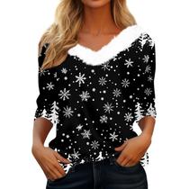 Suéter de Natal COTECRAM feminino plus size com decote em V preto