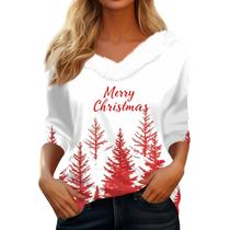 Suéter de Natal COTECRAM para mulheres com manga 3/4 com decote em V branco