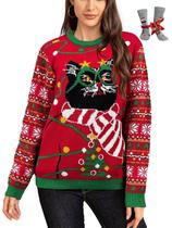Suéter de Natal feio LANPULUX feminino com estampa engraçada de gato