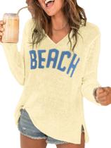 Suéter de praia RoseSeek feminino com decote em V, crochê, amarelo, azul Suéter de praia RoseSeek feminino com decote em V, crochê, amarelo, azul