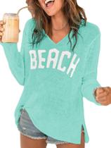 Suéter de praia RoseSeek feminino com decote em V, crochê, azul menta