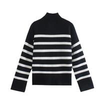Suéter De Tricô Feminino De Inverno Com Gola Alta E Listras Pretas E Brancas, Manga Longa, Estilo - Jadoutin