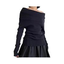 Suéter De Tricô Feminino off Shoulder Outono Inverno Elegante Vintage Sólido Alta Elasticidade Macio