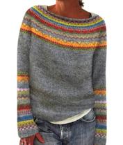 Suéter DMOYALA Fair Isle estampado com gola de barco cinza para mulheres 2GG