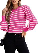 Suéter Dokotoo fofo para mulheres listrado de manga folhada rosa choque Suéter Dokotoo fofo para mulheres listrado de manga folhada rosa choque