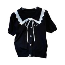 Suéter elegante de manga curta com acabamento contrastante com cordões Roupas femininas