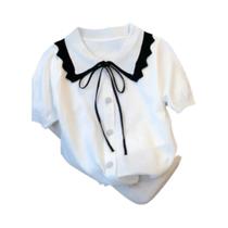Suéter elegante de manga curta com acabamento contrastante com cordões Roupas femininas