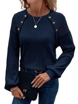 Suéter feminino Acelitt, tamanho grande, túnica, detalhe de botão, azul marinho Suéter feminino Acelitt, tamanho grande, túnica, detalhe de botão, azul marinho