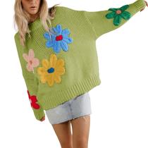 Suéter feminino Aedceal, de malha floral, manga comprida, verde, tamanho L Suéter feminino Aedceal, de malha floral, manga comprida, verde, tamanho L