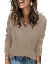 Suéter feminino AKEWEI com decote em V e manga comprida, pulôver de caxemira