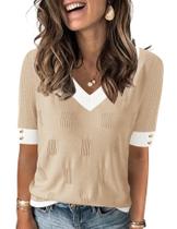 Suéter feminino AKEWEI com decote em V e manga curta 100% viscose