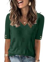 Suéter feminino AKEWEI com decote em V e manga curta, tricotado verde