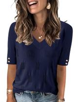 Suéter feminino AKEWEI com decote em V, manga curta, primavera, azul marinho