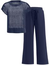 Suéter Feminino ANRABESS com Calça Larga Azul Marinho Suéter Feminino ANRABESS com Calça Larga Azul Marinho