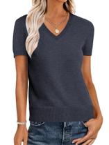 Suéter feminino ANRABESS, mistura de lã, decote em V, manga curta, cinza