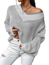Suéter feminino Cakulo, outono de 2024, listrado, grande, com decote em V, cinza L Suéter feminino Cakulo, outono de 2024, listrado, grande, com decote em V, cinza L