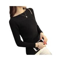 Suéter Feminino Canelado Com Decote Canoa, Manga Longa, Ajustado, Casual, Liso, Para Escritório,
