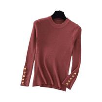 Suéter Feminino Cáqui de Malha Grossa - Gola Redonda, Botão, Slim Fit - Outono/Inverno