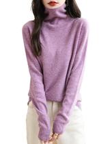 Suéter feminino Chanyarn 100% lã merino, gola alta, roxo