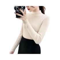 Suéter Feminino Cinza Slim Fit De Tricô Com Gola Alta E Listras Casuais Manga Longa Pulôver - NONE