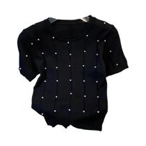 Suéter Feminino Curto De Malha Com Gola Redonda, Cor Sólida, Detalhes Em Pedraria, Manga Curta,