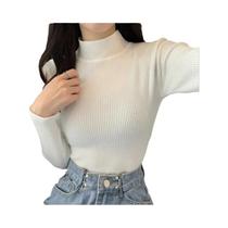 Suéter Feminino De Gola Alta Canelado Macio, Ajuste Slim, Cor Sólida, Quente Para Outono