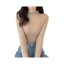 Suéter Feminino De Gola Alta Canelado Macio, Ajuste Slim, Cor Sólida, Quente Para Outono - zjaiss