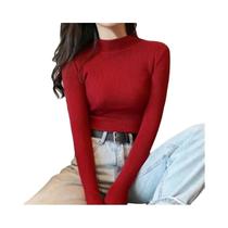 Suéter Feminino De Gola Alta Em Malha Canellada, Ajuste Slim, Cor Sólida, Quente Para O Outono