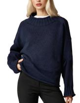 Suéter feminino de grandes dimensões com gola redonda Yimoon, tricotado em azul marinho
