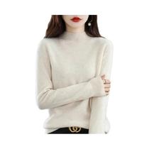 Suéter Feminino De Lã Pura Para Outono E Inverno, Gola Semi-Alta, Manga Longa, Cor Sólida