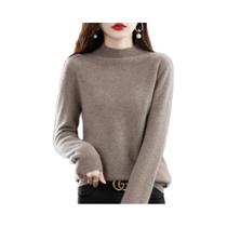 Suéter Feminino De Lã Pura Para Outono Inverno, Gola Semi-Alta, Manga Longa, Cor Sólida