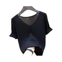 Suéter Feminino De Malha Com Decote Em V, Slim Fit, Pulôver De Verão, Manga Curta, Bodycon AOSSVIAO