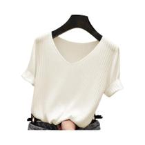 Suéter Feminino De Malha Com Decote Em V, Slim Fit, Pulôver De Verão, Manga Curta, Bodycon AOSSVIAO