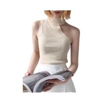 Suéter Feminino de Malha com Ombro de Fora - Sem Mangas, Gola Alta, Preto, Branco e Bege