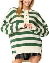 Suéter feminino de malha listrada Internos com botão Henley Style