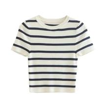 Suéter Feminino De Malha Listrado De Manga Curta Cropped Jersey Pulôver Top 2025 Moda Tricô - MUJER