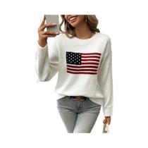Suéter feminino de manga comprida com gola redonda e bandeira americana