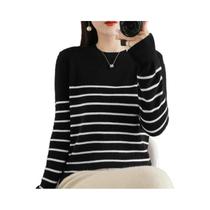 Suéter Feminino De Primavera Com Listras, Manga Longa, Gola Redonda, 100% Algodão, Bicolor