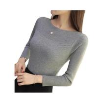 Suéter Feminino De Tricô Canelado Com Decote Canoa E Manga Longa, Ajuste Slim, Casual, Liso, Para