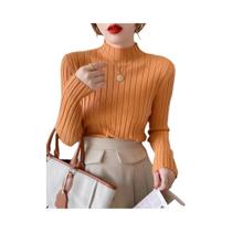 Suéter Feminino De Tricô Canelado Gola Alta Manga Longa Slim Fit Básico Liso Outono Inverno