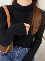 Suéter Feminino De Tricô Canelado Gola Alta Manga Longa Slim Fit Básico Liso Outono Inverno