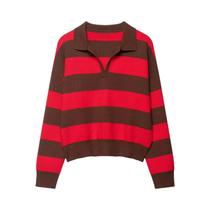 Suéter Feminino De Tricô Casual De Outono Com Gola Polo Listrada Em Cores Contrastantes E Manga