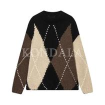 Suéter Feminino De Tricô Com Decote Redondo E Padrão Losango, Moda Casual De Rua, Pulôver Elegante Suéter Feminino De Tricô Com Decote Redondo E Padrão Losango, Moda Casual De Rua, Pulôver Elegante