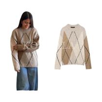 Suéter Feminino De Tricô Com Decote Redondo E Padrão Losango, Moda Casual De Rua, Pulôver Elegante